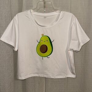 SHEIN XL White Crewneck Green Avocado Graphic Short Sleeve Crop Tee